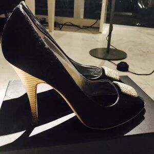 Giuseppe Zanotti Black Satin Swarovski Buckle Heels Shoes Pumps Sz41